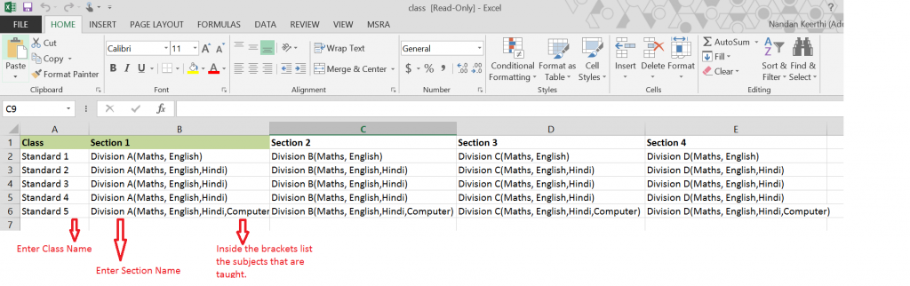 csv bulk upload class section subject